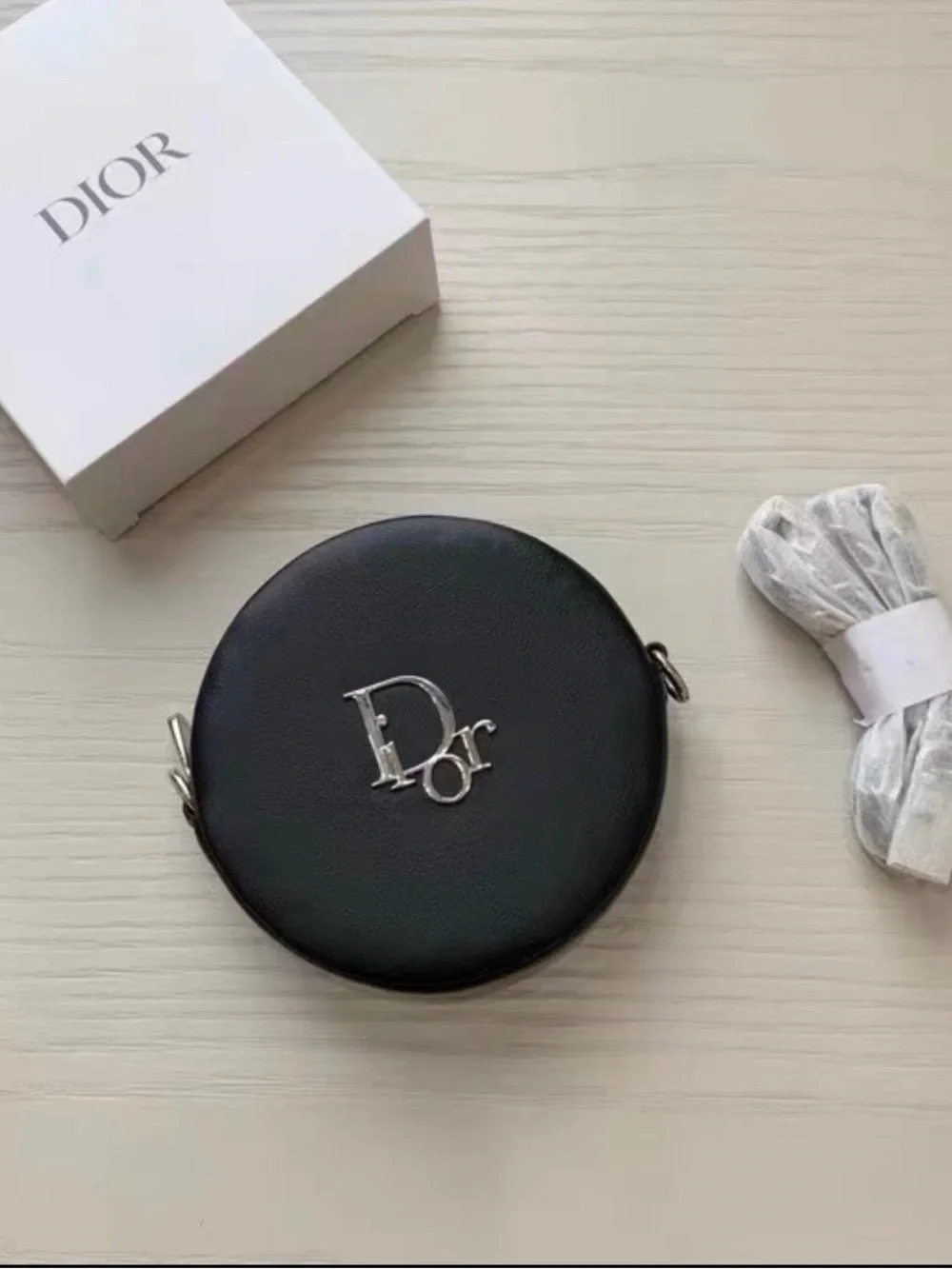 Dior Black Mini Round Cosmetic Crossbody Bag with Silver Chain